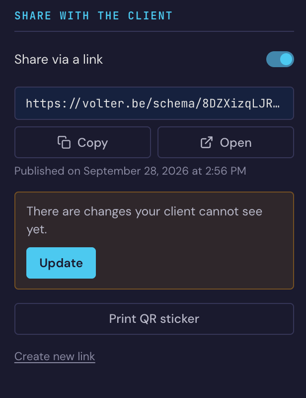 The Share with the client block: sharing via a link is on, with the link, buttons to copy and open it, the publication date, the notice that there are changes the client cannot see yet with the Update button, and Print QR sticker
