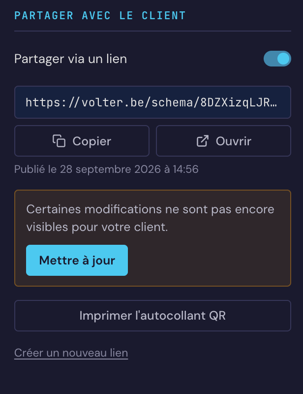Le bloc Partager avec le client : le partage via un lien est activé, avec le lien, des boutons pour le copier et l'ouvrir, la date de publication, l'avis indiquant des modifications que le client ne voit pas encore avec le bouton Mettre à jour, et Imprimer l'autocollant QR