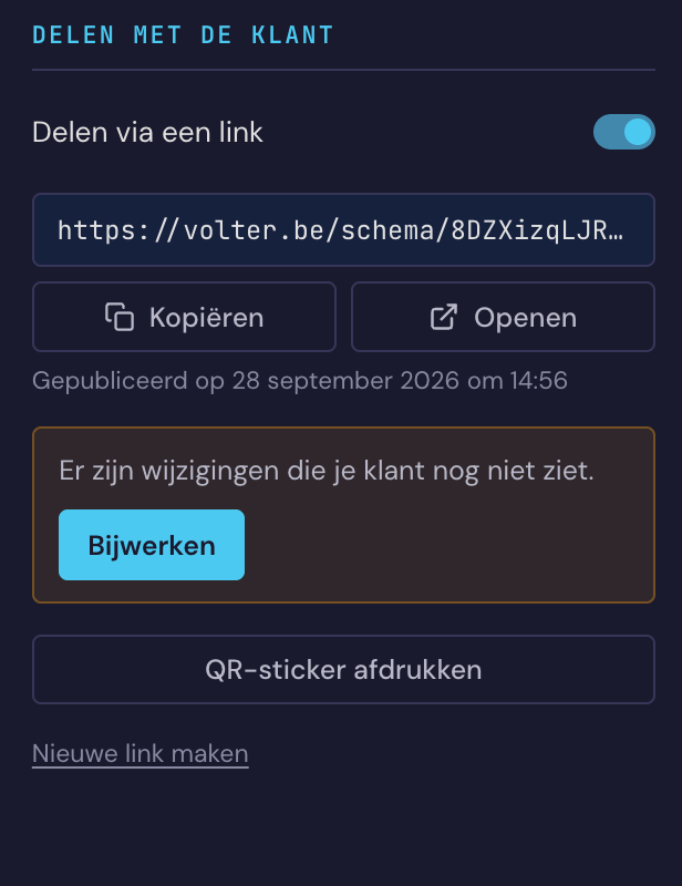 Het blok Delen met de klant: delen via een link staat aan, met de link, knoppen om te kopiëren en te openen, de publicatiedatum, de melding dat er wijzigingen zijn die de klant nog niet ziet met de knop Bijwerken, en QR-sticker afdrukken