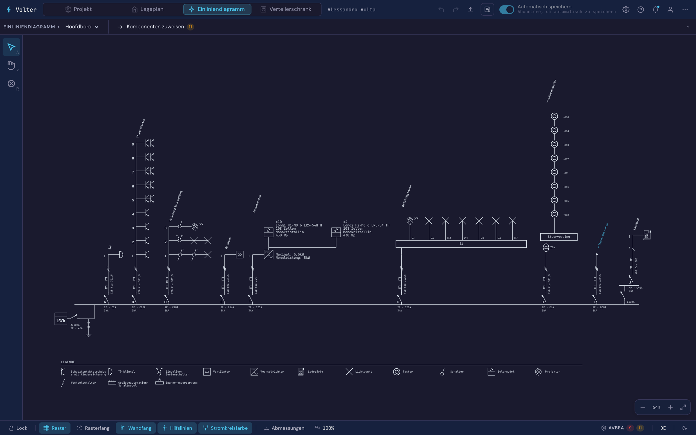 Das Einliniendiagramm, das Volter aus diesem Plan und dem Verteiler zeichnet, mit Stromkreisen, Schutzschaltern und Leitungsbezeichnung
