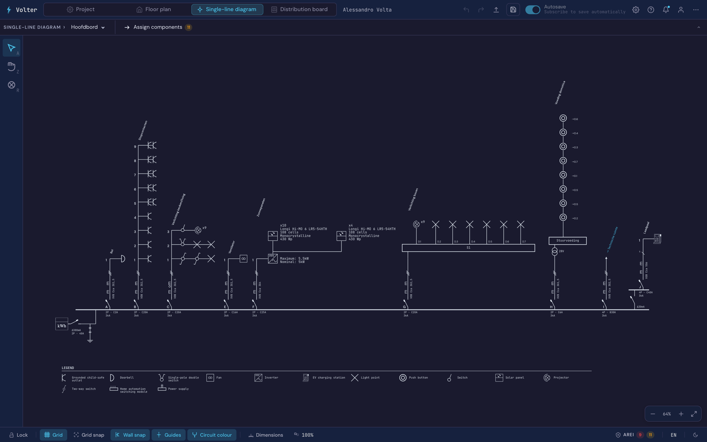 A single-line diagram in Volter: the main board with kWh meter and main RCD, six circuits with breaker and cable designation, and the legend below