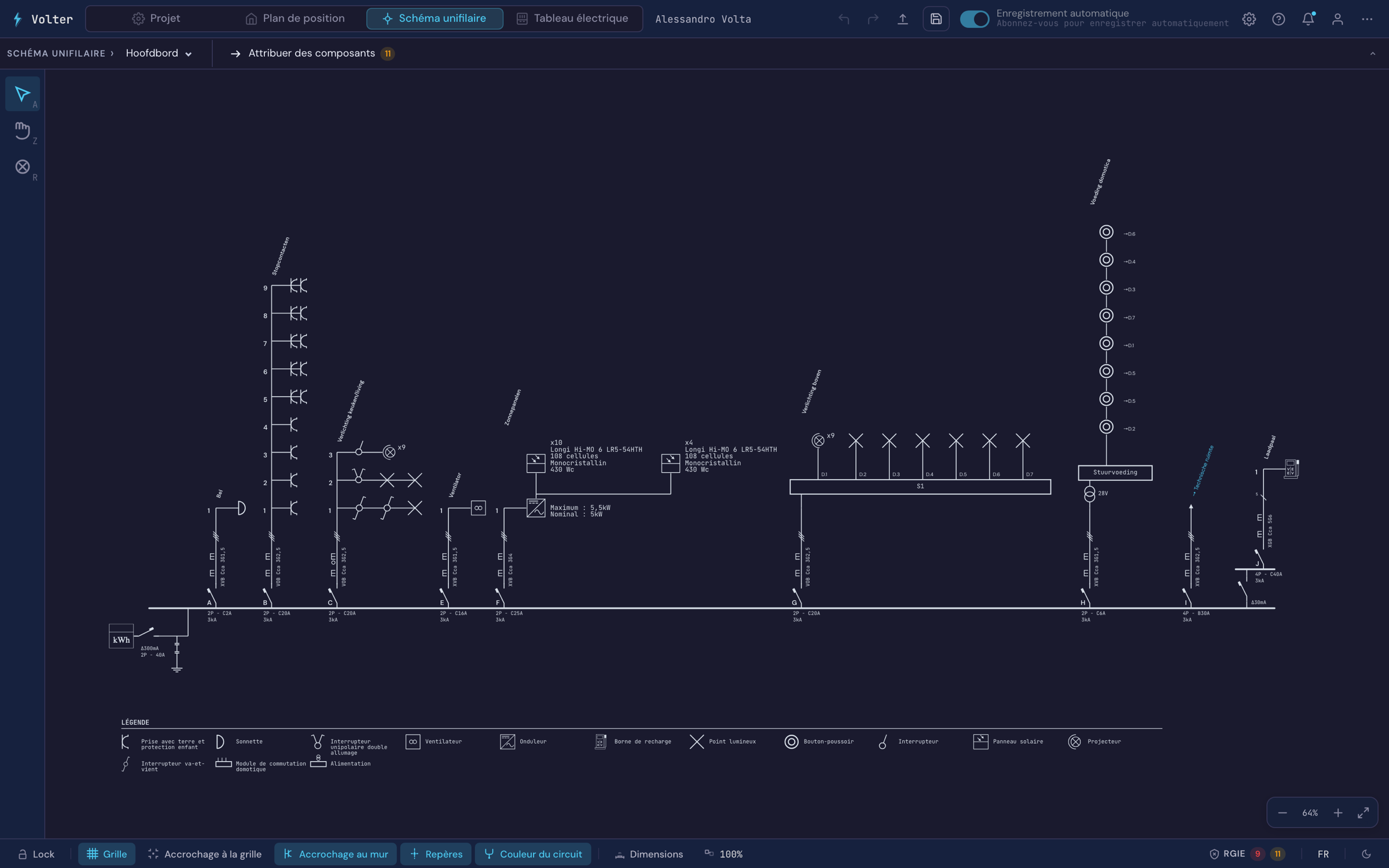 Un schéma unifilaire dans Volter : le tableau principal avec compteur kWh et différentiel principal, six circuits avec disjoncteur et désignation du câble, et la légende en dessous
