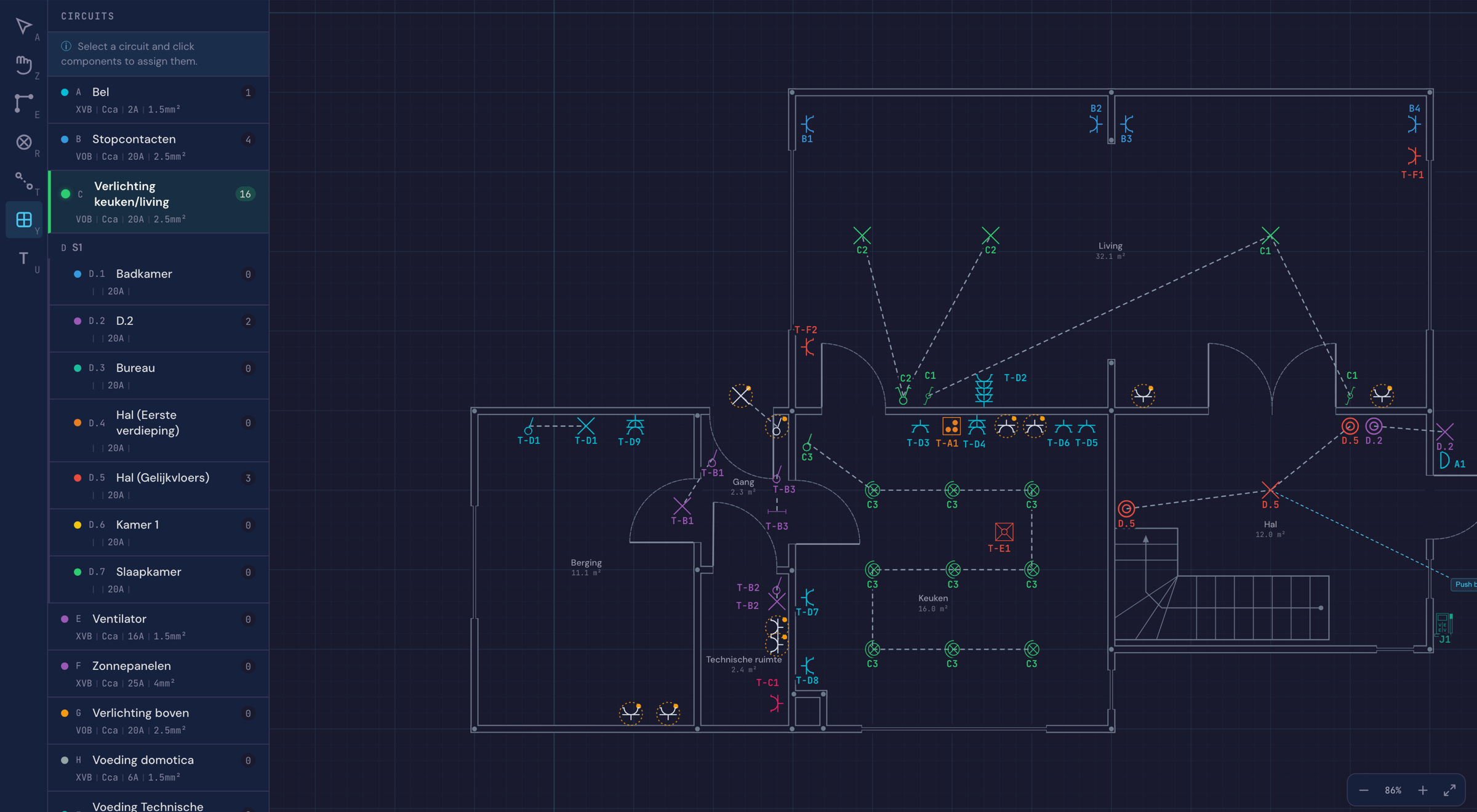 The circuit list in Volter with one circuit selected, and the devices on the floor plan in the colour of their circuit