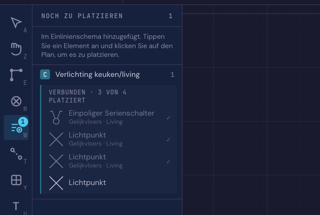 Der Bereich Noch zu platzieren im Lageplan, mit dem im Einliniendiagramm hinzugefügten Lichtpunkt unter seinem Stromkreis