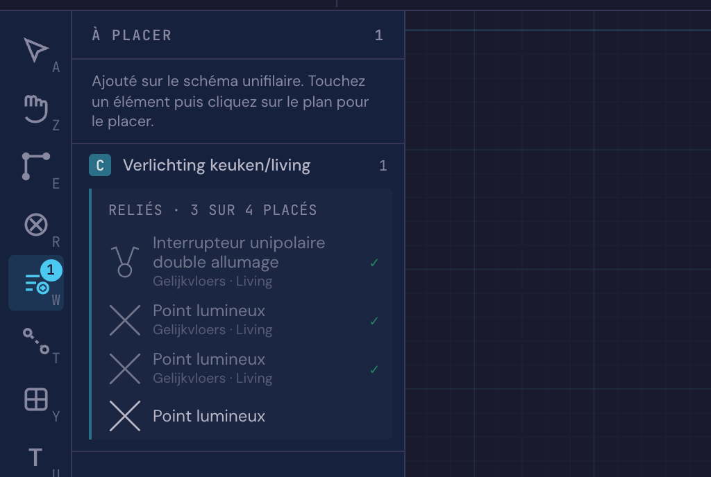 Le volet À placer sur le plan de position, avec le point lumineux ajouté sur le schéma unifilaire, sous son circuit