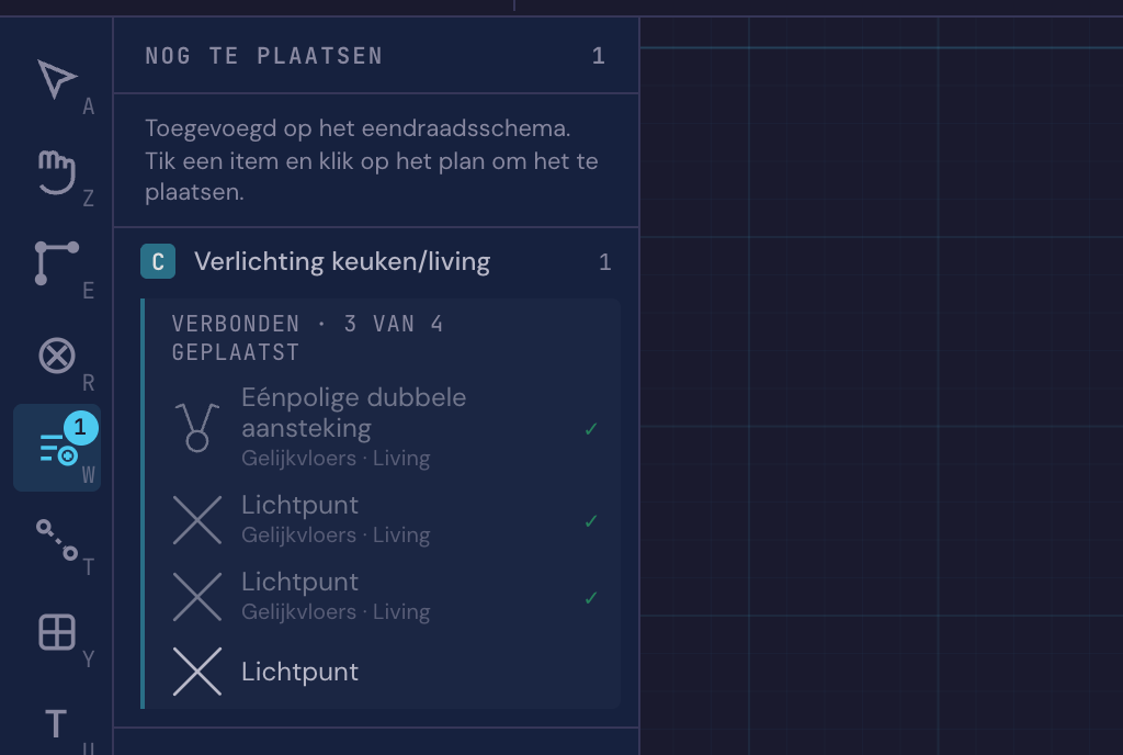 Het paneel Nog te plaatsen op het situatieschema, met het lichtpunt dat op het eendraadschema werd toegevoegd, onder zijn kring