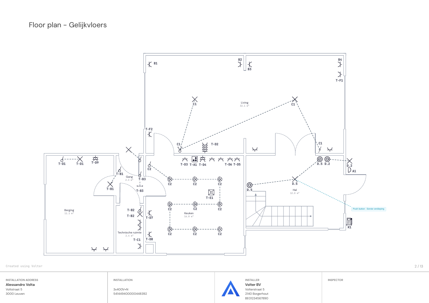 Pages from the PDF export of Volter: floor plan and single-line diagram