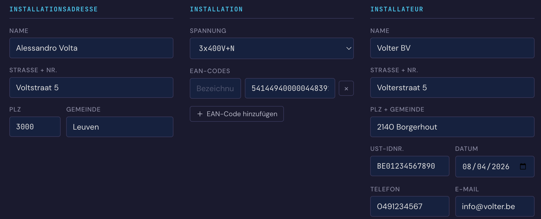 Die Projektdaten in Volter: Installationsadresse, Anlage mit Spannung 3x400V+N und einem EAN-Code, und die Daten des Installateurs