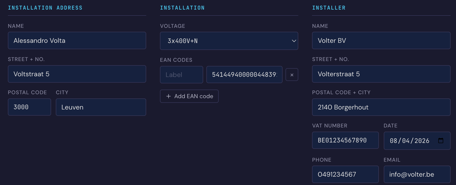 The project details in Volter: installation address, installation with 3x400V+N voltage and an EAN code, and the installer's details