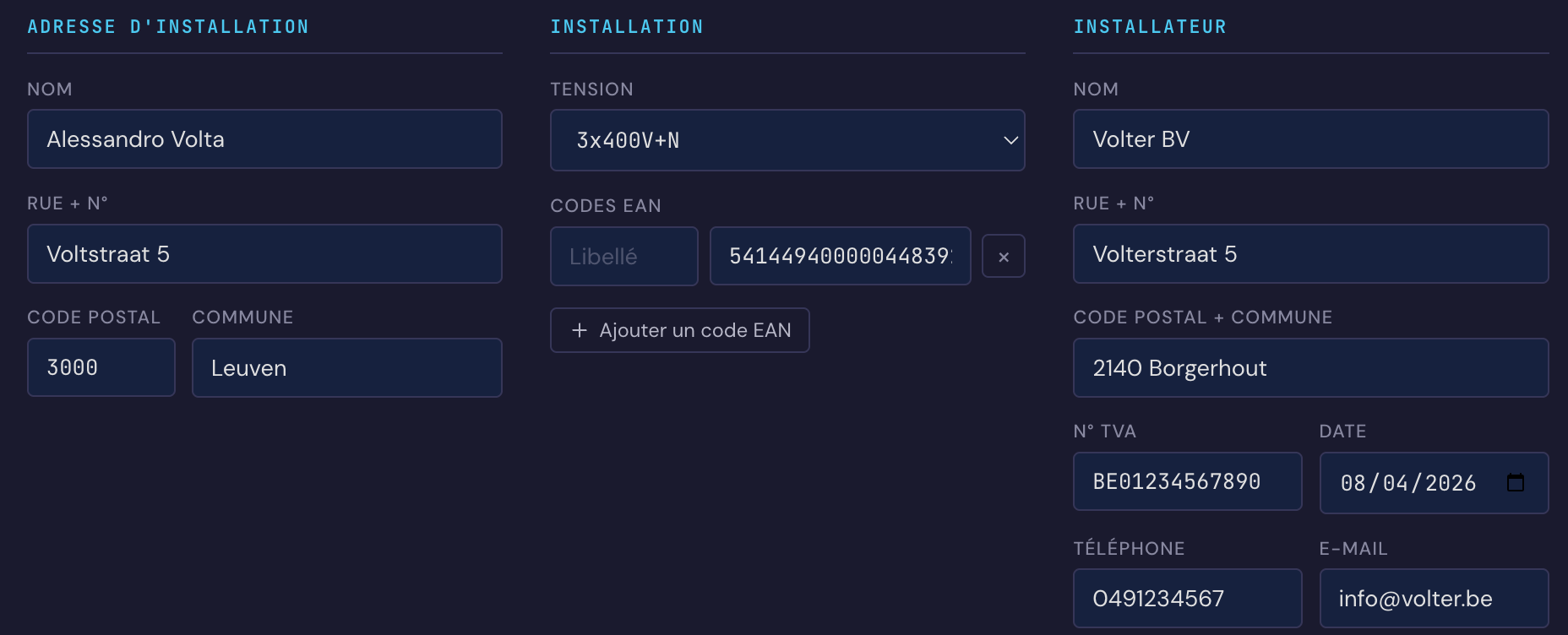 Les données du projet dans Volter : adresse de l'installation, installation avec tension 3x400V+N et un code EAN, et les données de l'installateur
