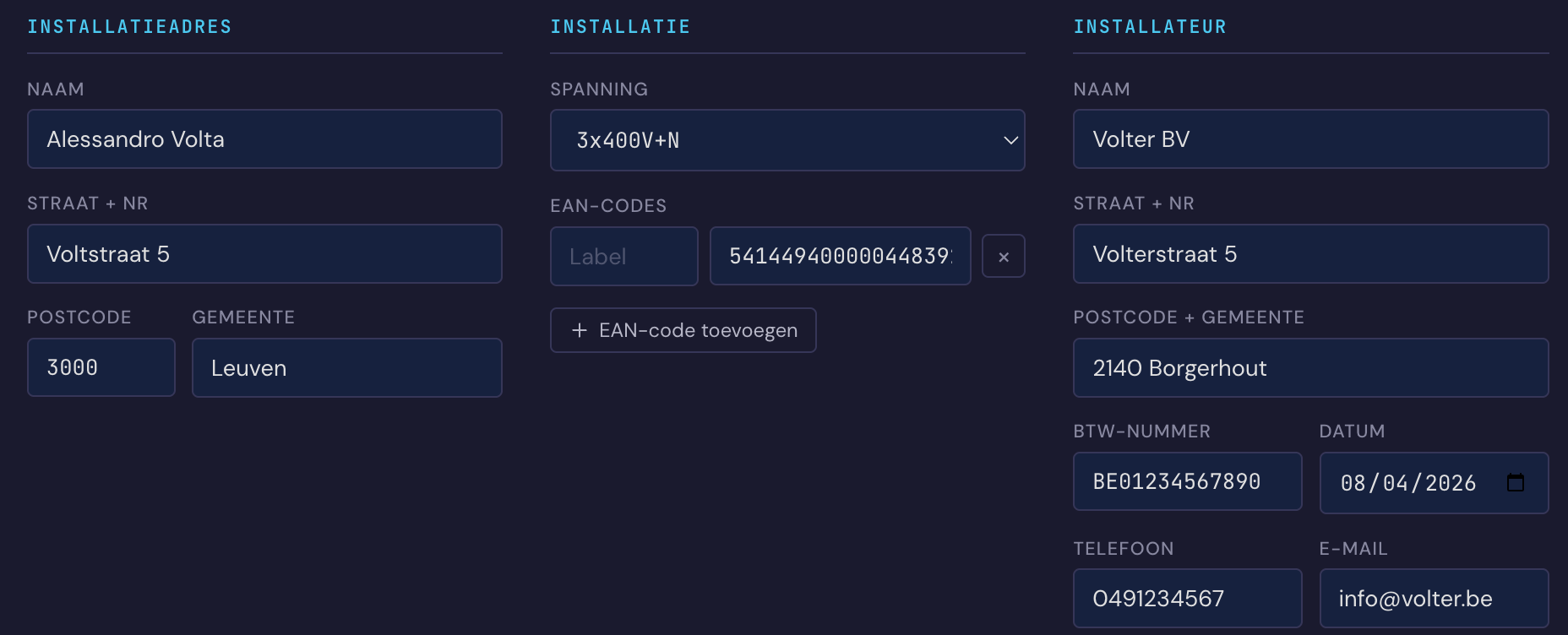 De projectgegevens in Volter: installatieadres, installatie met spanning 3x400V+N en een EAN-code, en de gegevens van de installateur