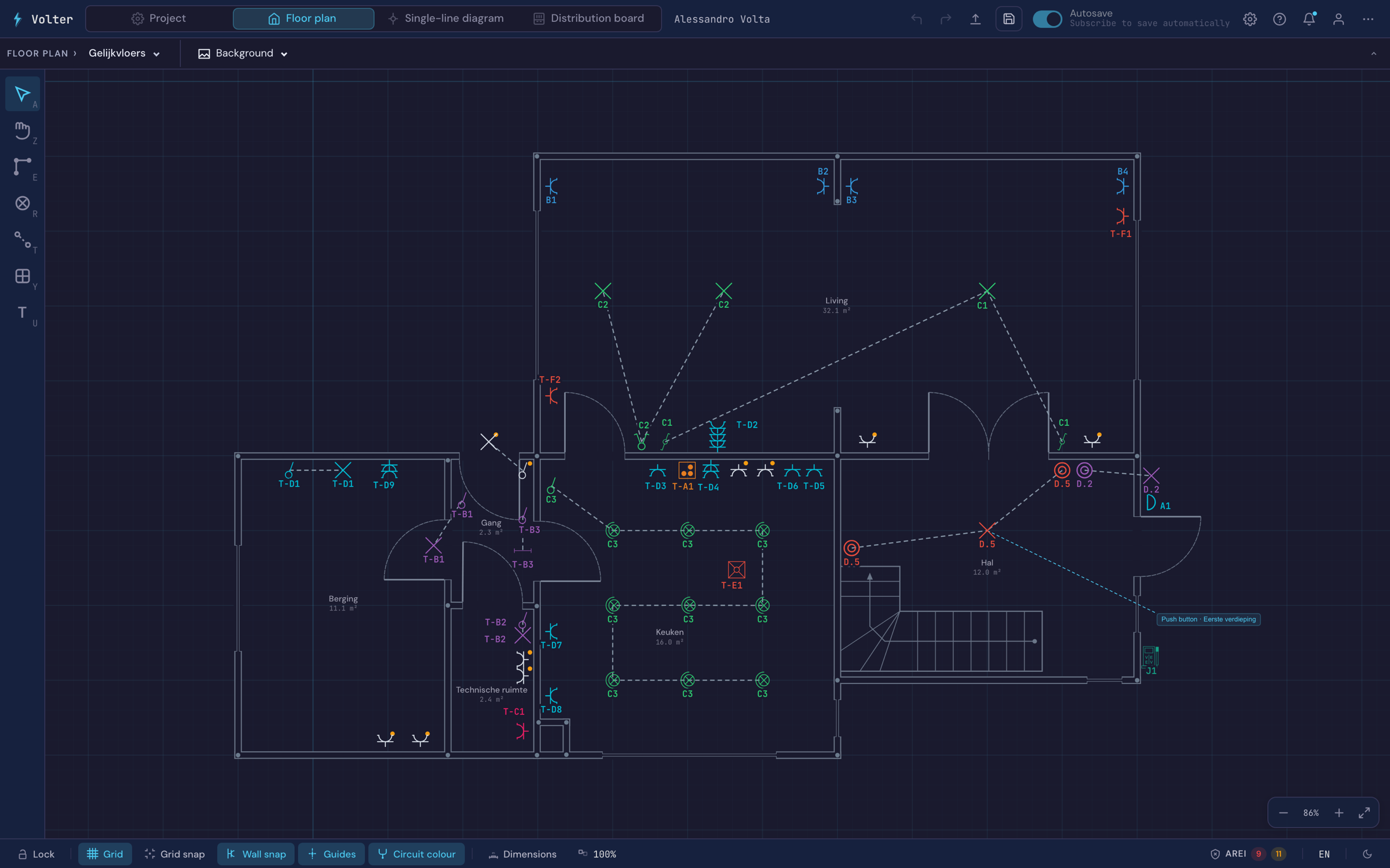 The floor plan of the demo home in Volter, with walls, rooms and electrical symbols