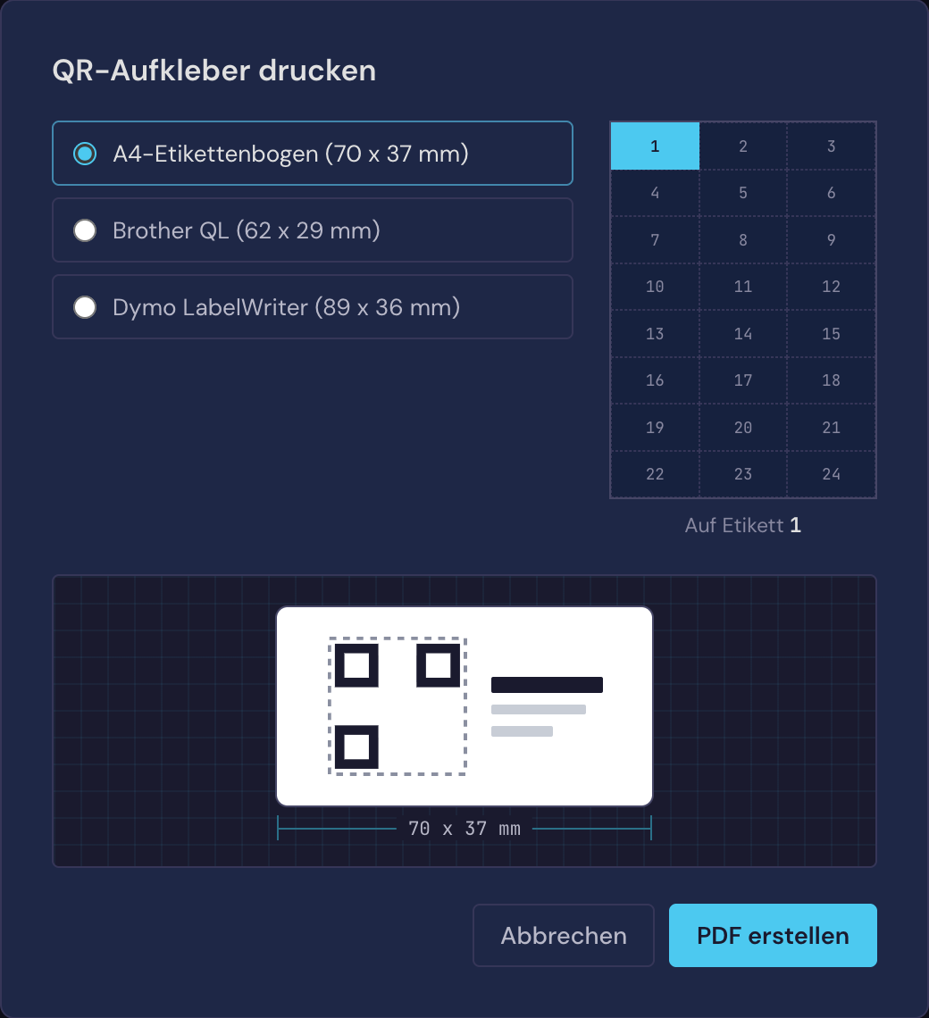Das Aufkleberfenster in Volter: eine Wahl zwischen A4-Etikettenbogen, Brother QL oder Dymo, mit einem nummerierten Bogen zur Wahl des Etiketts und einer Vorschau in Originalgröße