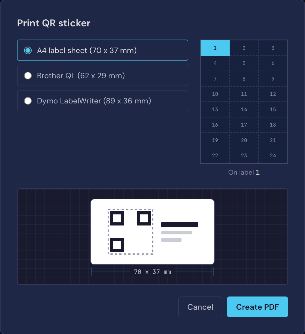 The sticker window in Volter: a choice between an A4 label sheet, Brother QL or Dymo, with a numbered sheet to choose the label and a preview at actual size