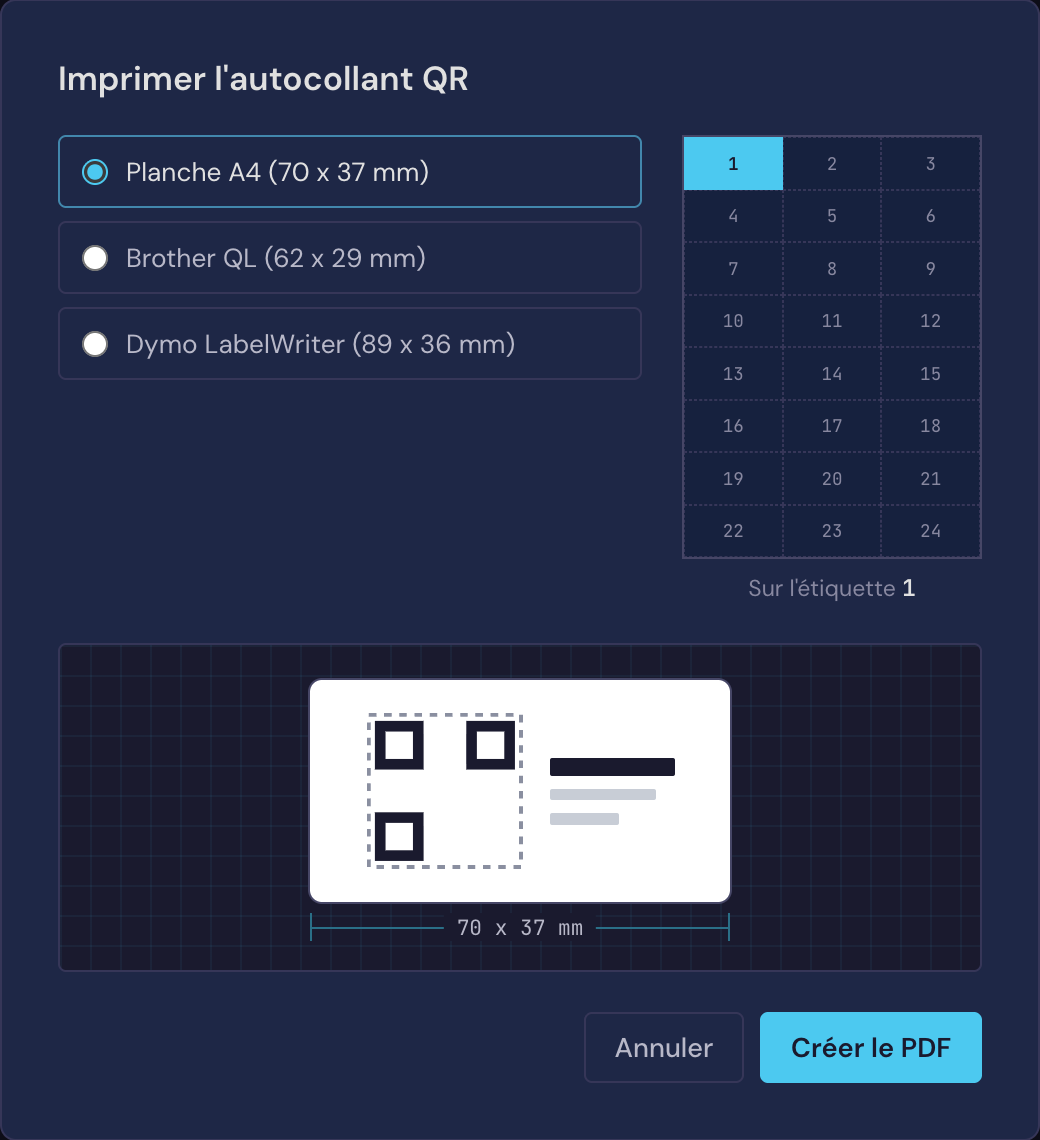 La fenêtre d'autocollant dans Volter : un choix entre planche A4, Brother QL ou Dymo, avec une planche numérotée pour choisir l'étiquette et un aperçu à taille réelle