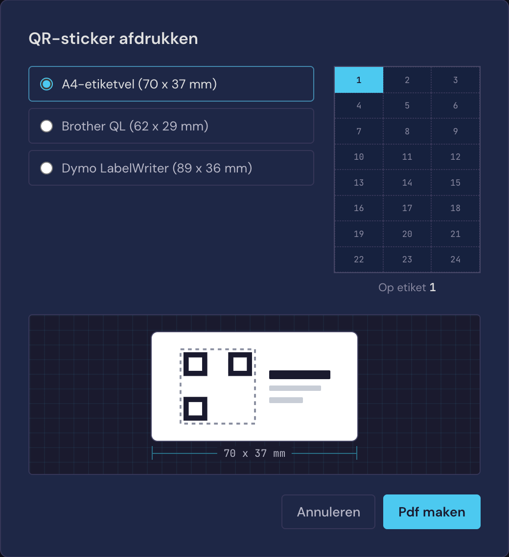 Het stickervenster in Volter: een keuze tussen een A4-etiketvel, Brother QL of Dymo, met een genummerd vel om het etiket te kiezen en een voorbeeld op ware grootte
