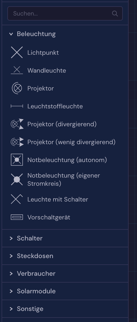 Die Komponentenpalette in Volter mit den Symbolen für Beleuchtung, Schalter und Steckdosen