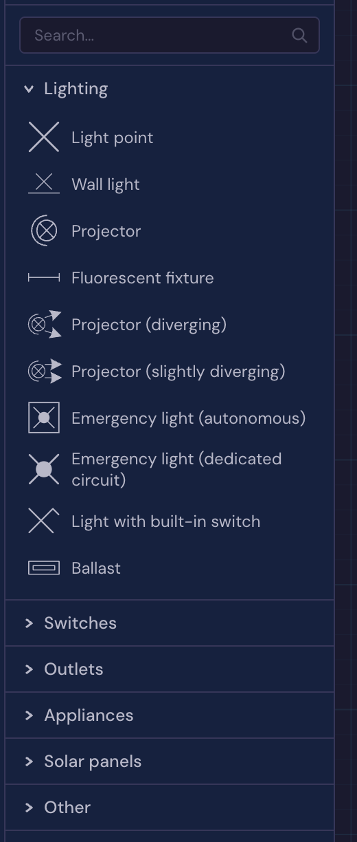The component palette in Volter with the symbols for lighting, switches and socket outlets
