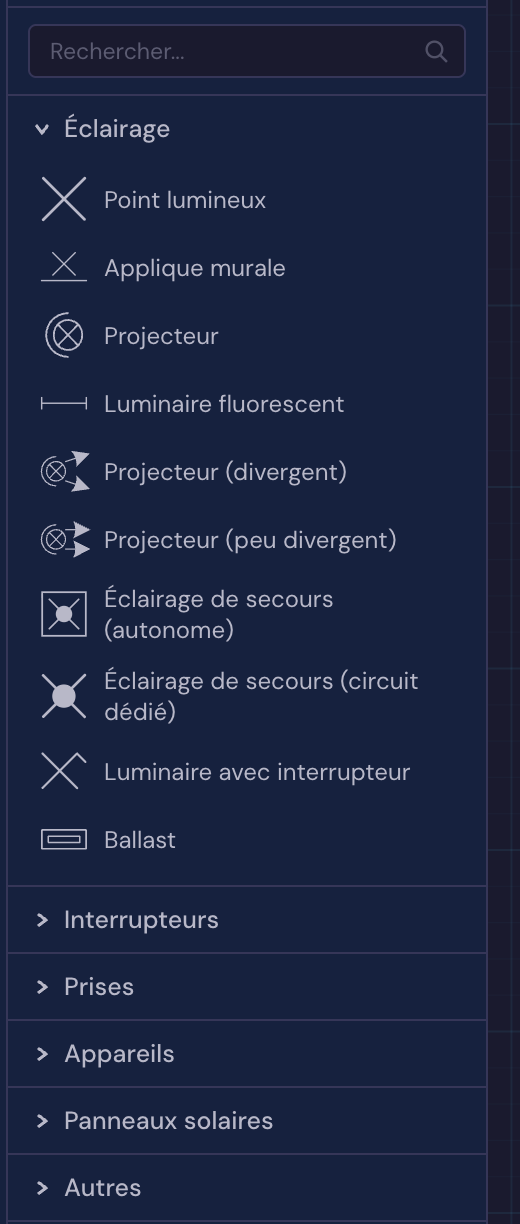 La palette de composants dans Volter avec les symboles d'éclairage, d'interrupteurs et de prises
