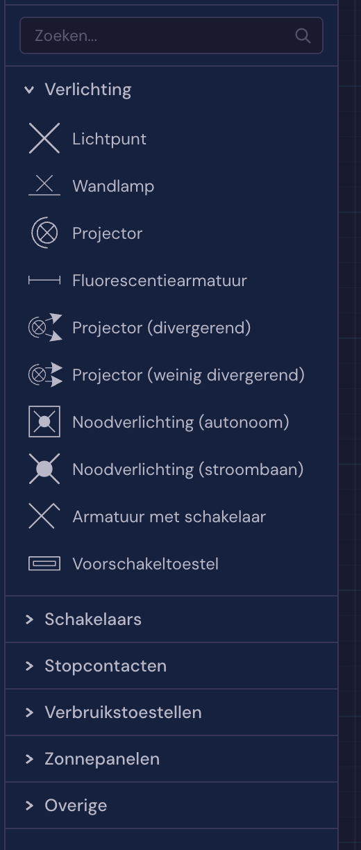 Het componentenpalet in Volter met de symbolen voor verlichting, schakelaars en stopcontacten