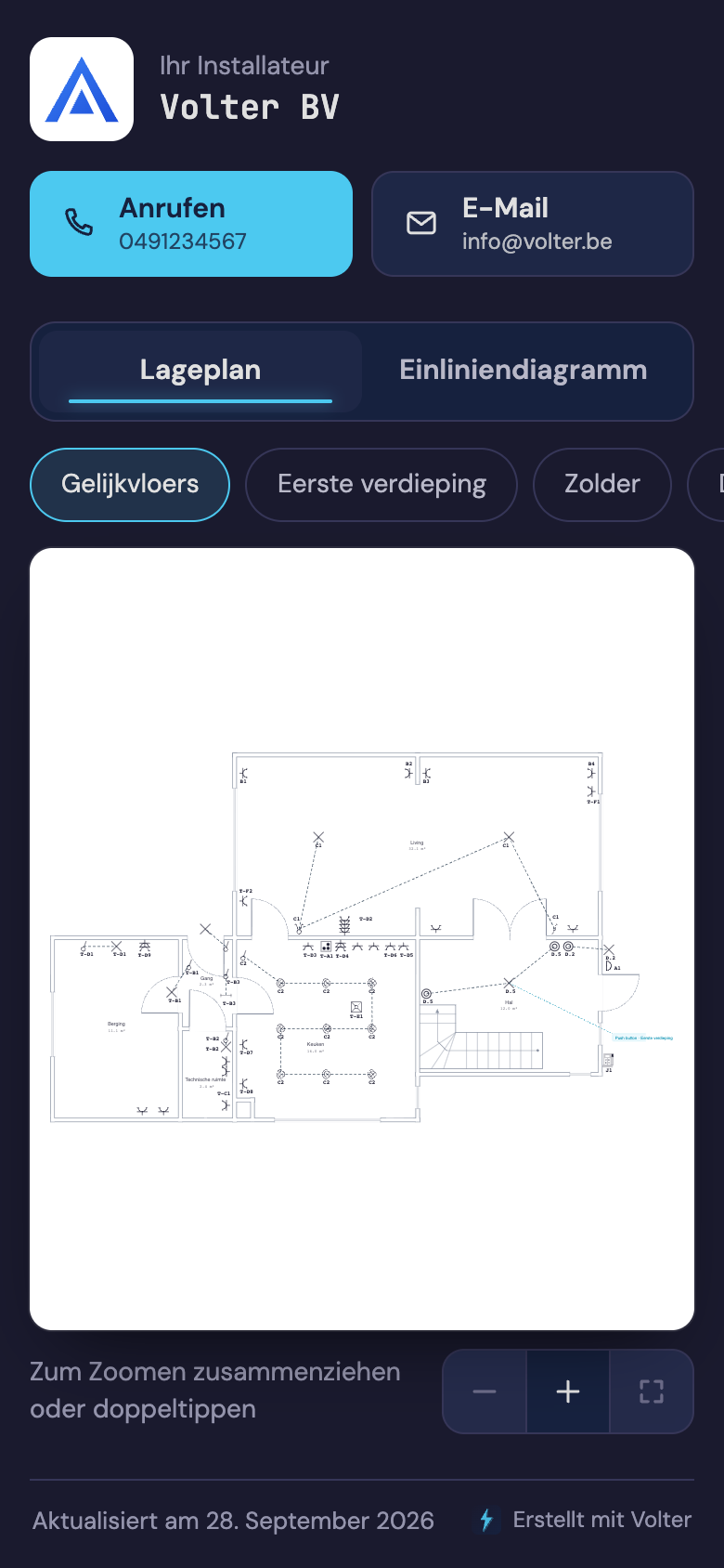 Die Seite, die Ihr Kunde auf dem Handy öffnet: Logo und Daten des Installateurs, Tasten zum Anrufen und Mailen, und der Lageplan des Erdgeschosses.