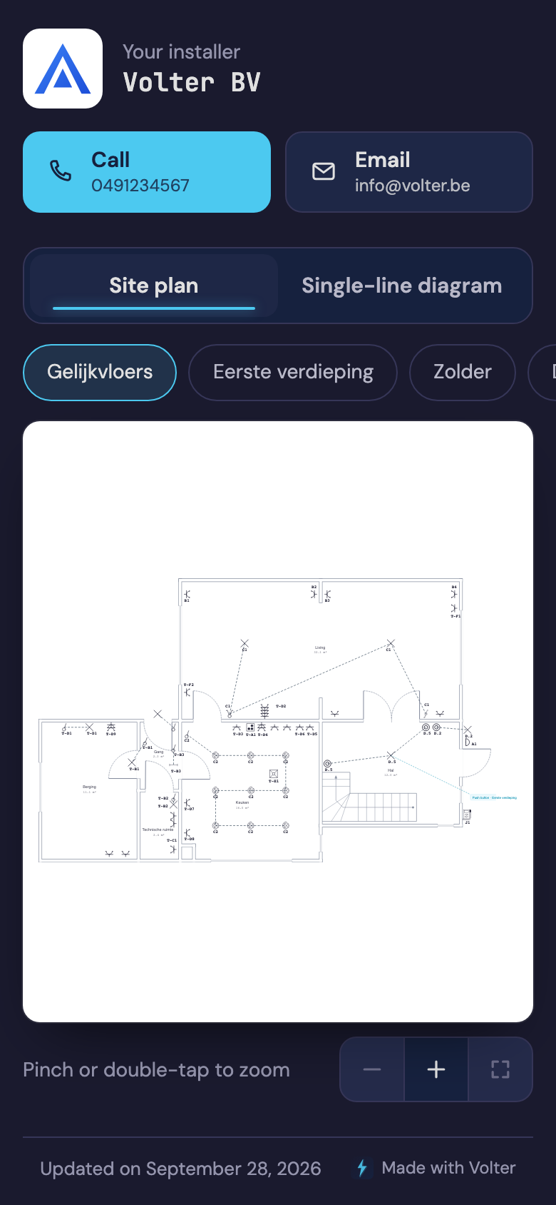 The page your client opens on their phone: the installer's logo and details, buttons to call and email, and the site plan of the ground floor.