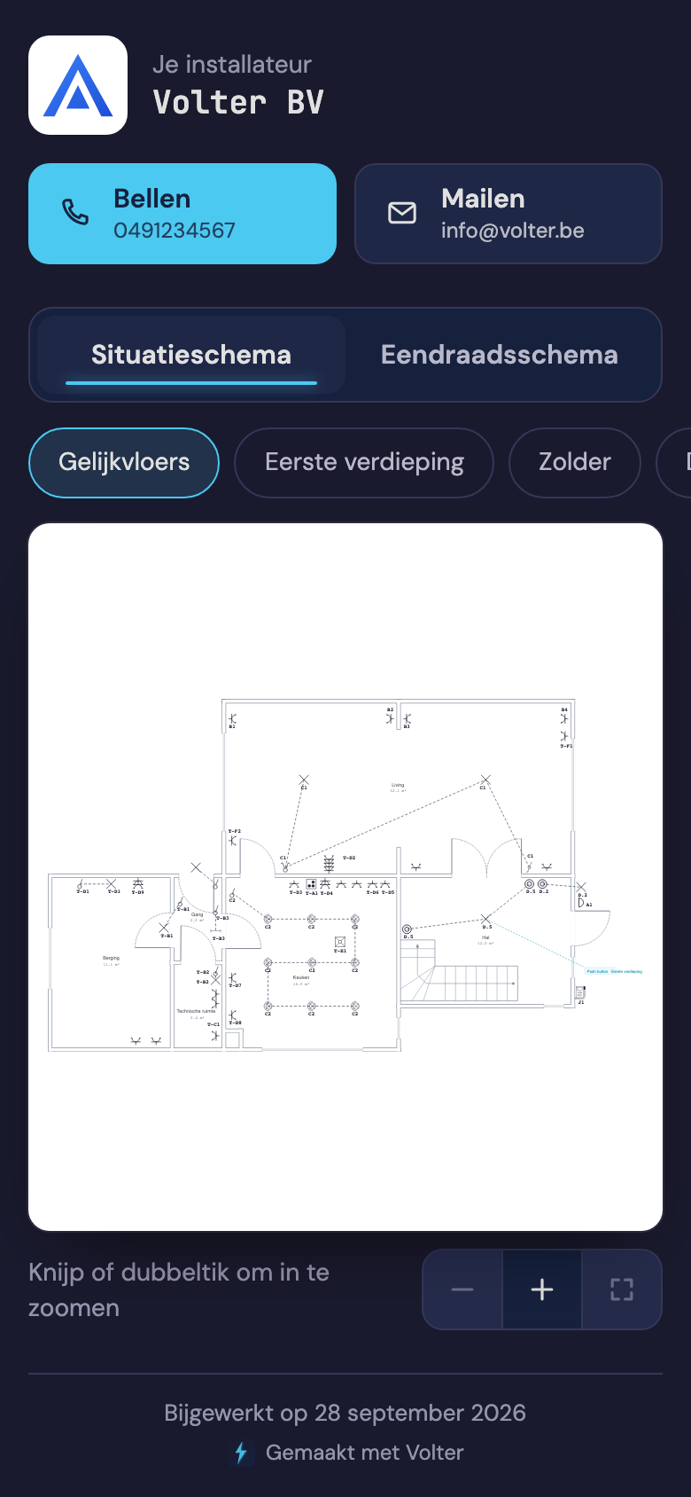 De pagina die je klant op zijn gsm opent: het logo en de gegevens van de installateur, knoppen om te bellen en te mailen, en het situatieschema van het gelijkvloers.
