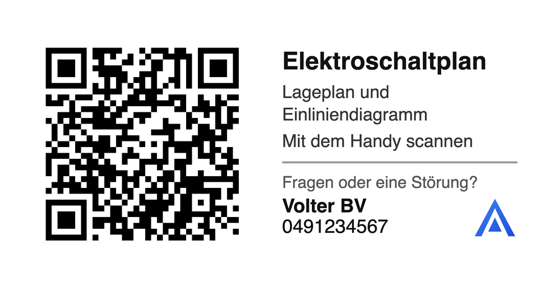 Der QR-Aufkleber für den Verteiler, mit Name, Telefonnummer und Logo des Installateurs.