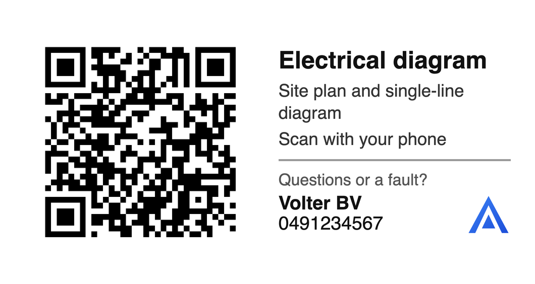 The QR sticker for the fuse box, with the installer's name, phone number and logo.