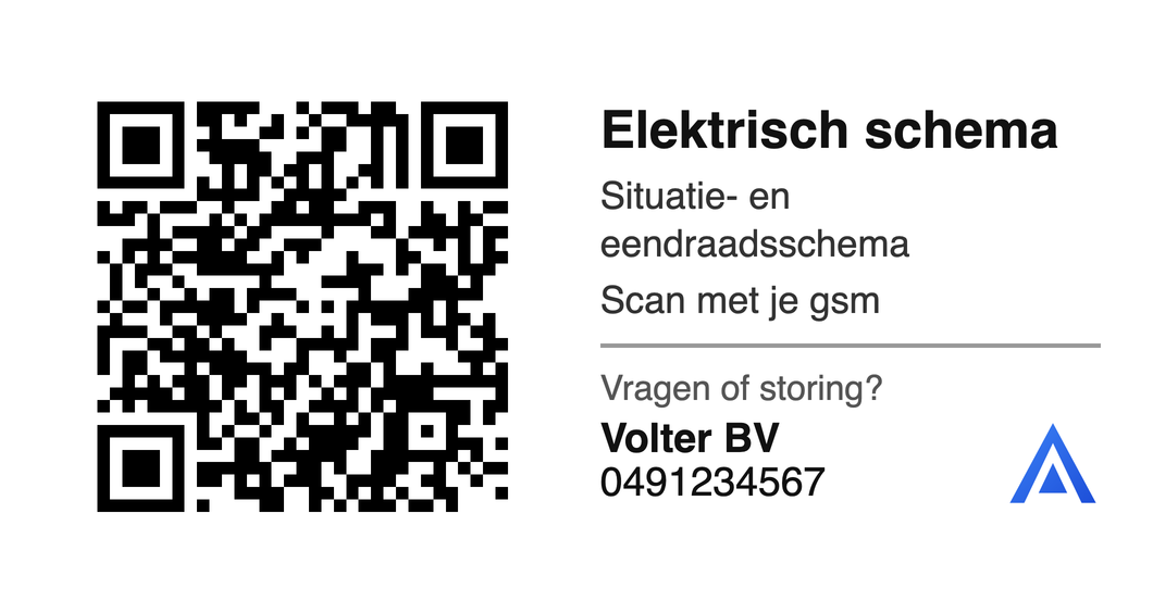 De QR-sticker voor in de zekeringkast, met de naam, het telefoonnummer en het logo van de installateur.