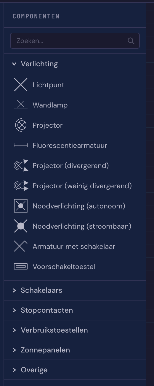 Het componentenpalet in Volter met de officiële symbolen voor verlichting, schakelaars en stopcontacten